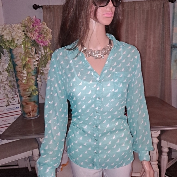 White Cat 🐱 Print Teal Blouse - Picture 5 of 7